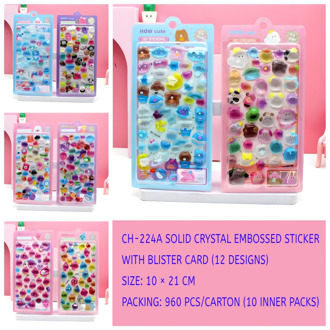 CH-224A Solid Crystal Embossed Sticker with Blister Card (12 Designs)