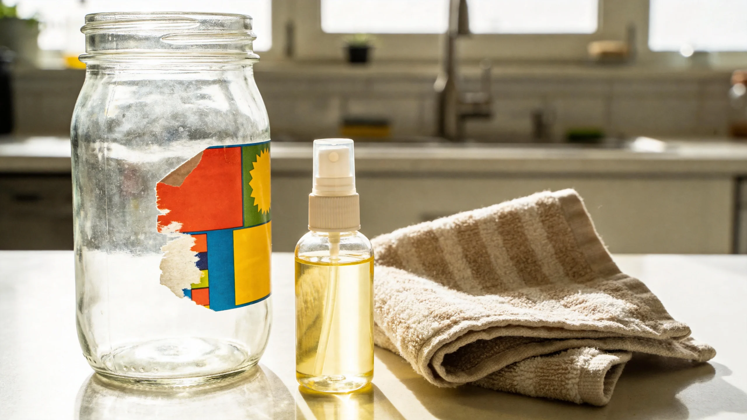 Peeling a sticker and cleaning residue off a glass jar