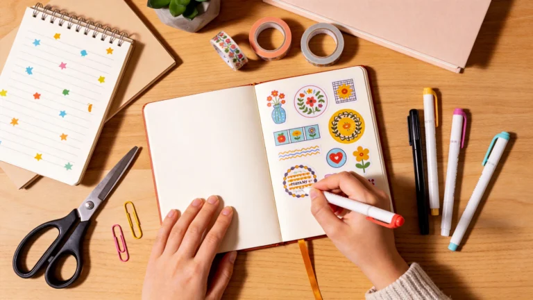 Open craft notebook decorated with colorful stickers and washi tape