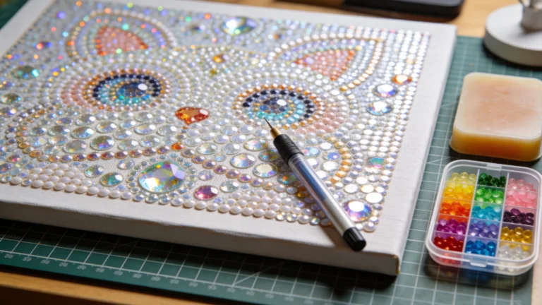 Diamond painting canvas in progress with gem applicator and bead tray