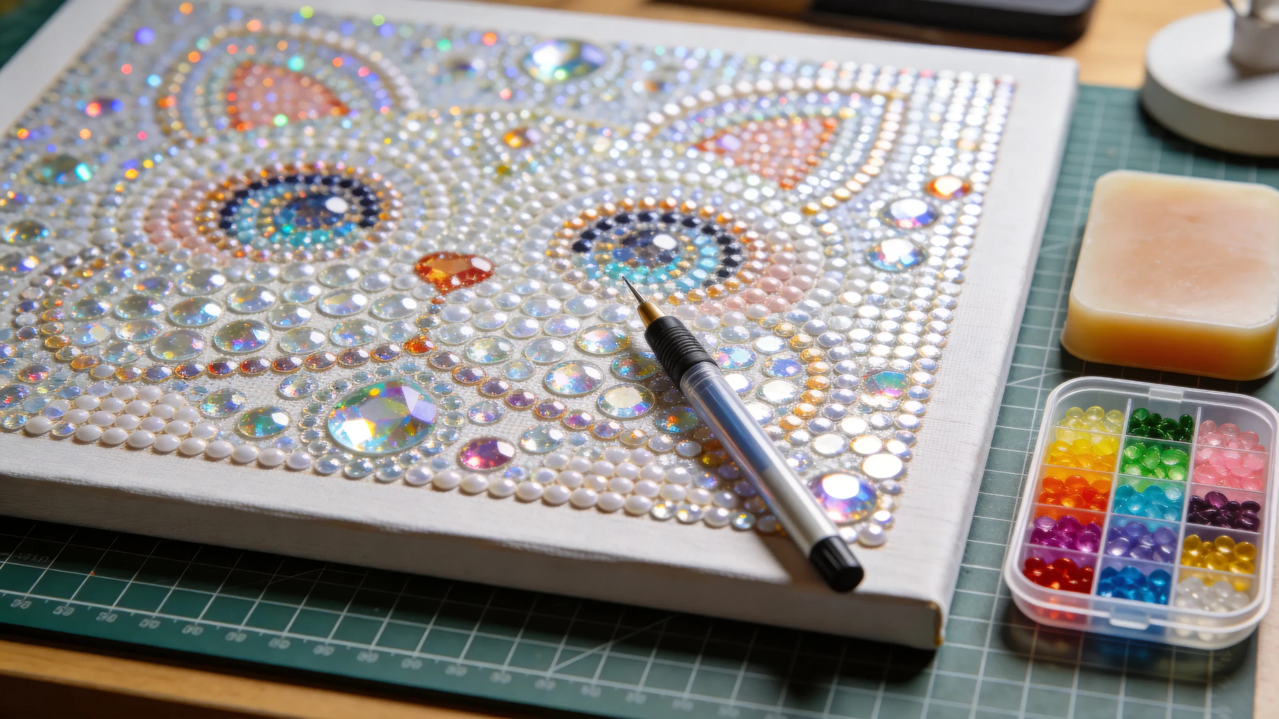 Diamond painting canvas in progress with gem applicator and bead tray