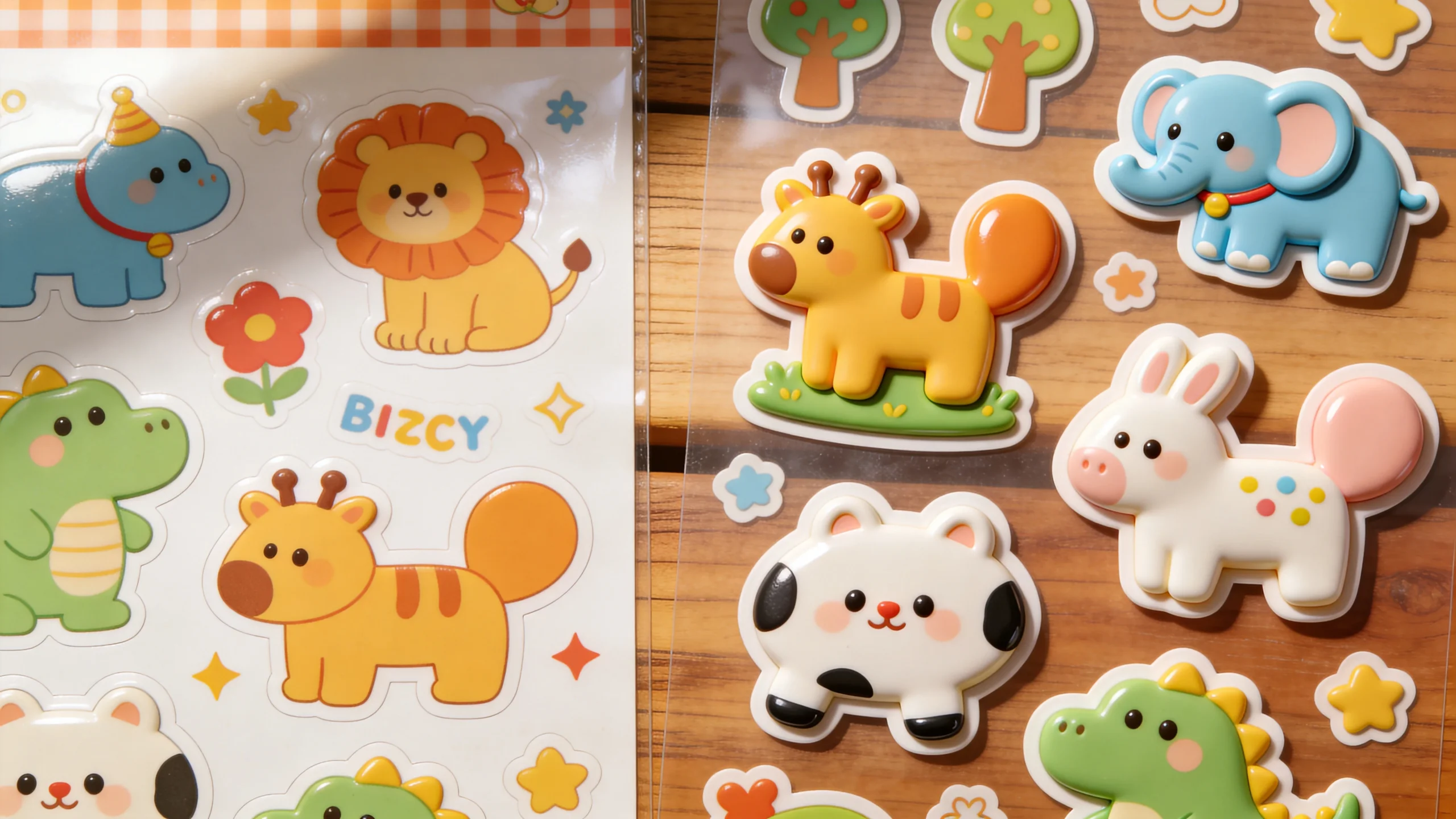Flat glossy stickers next to raised puffy 3D stickers