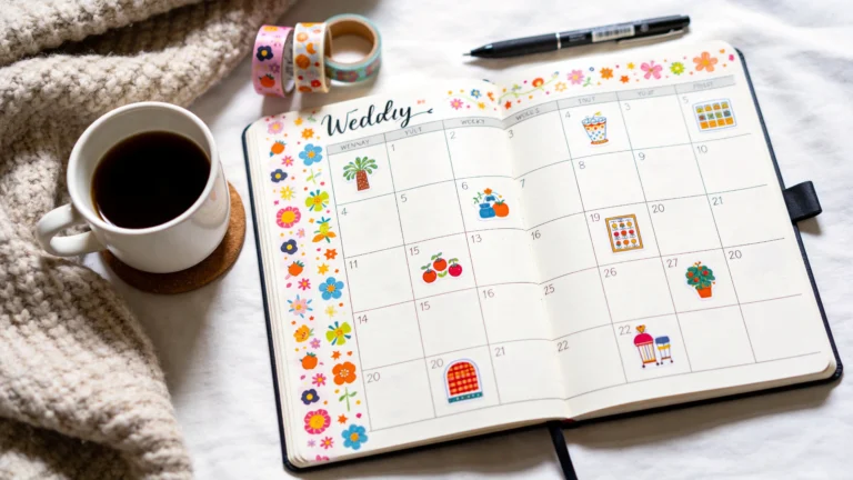 Open bullet journal decorated with stickers and washi tape