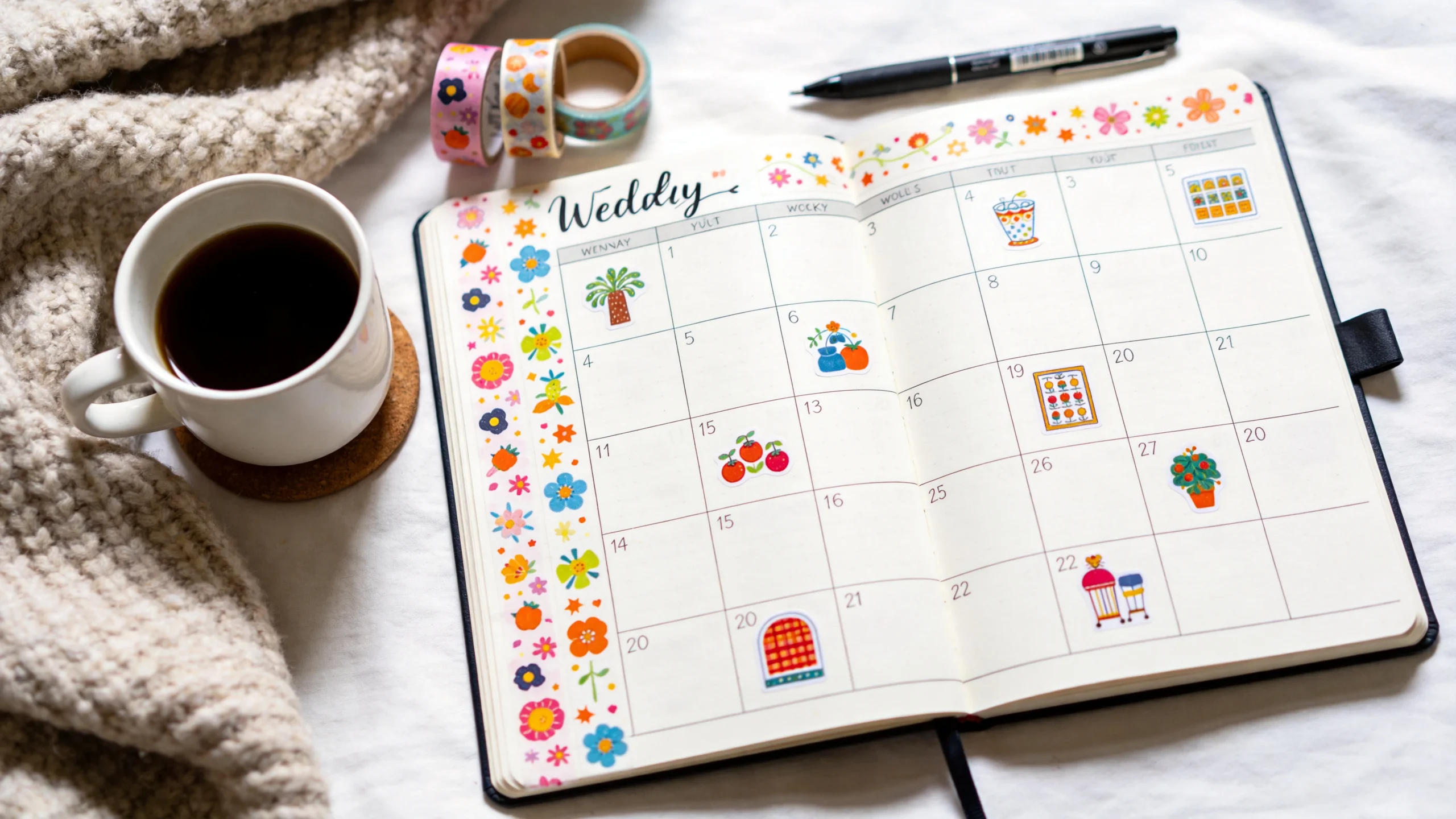 Open bullet journal decorated with stickers and washi tape