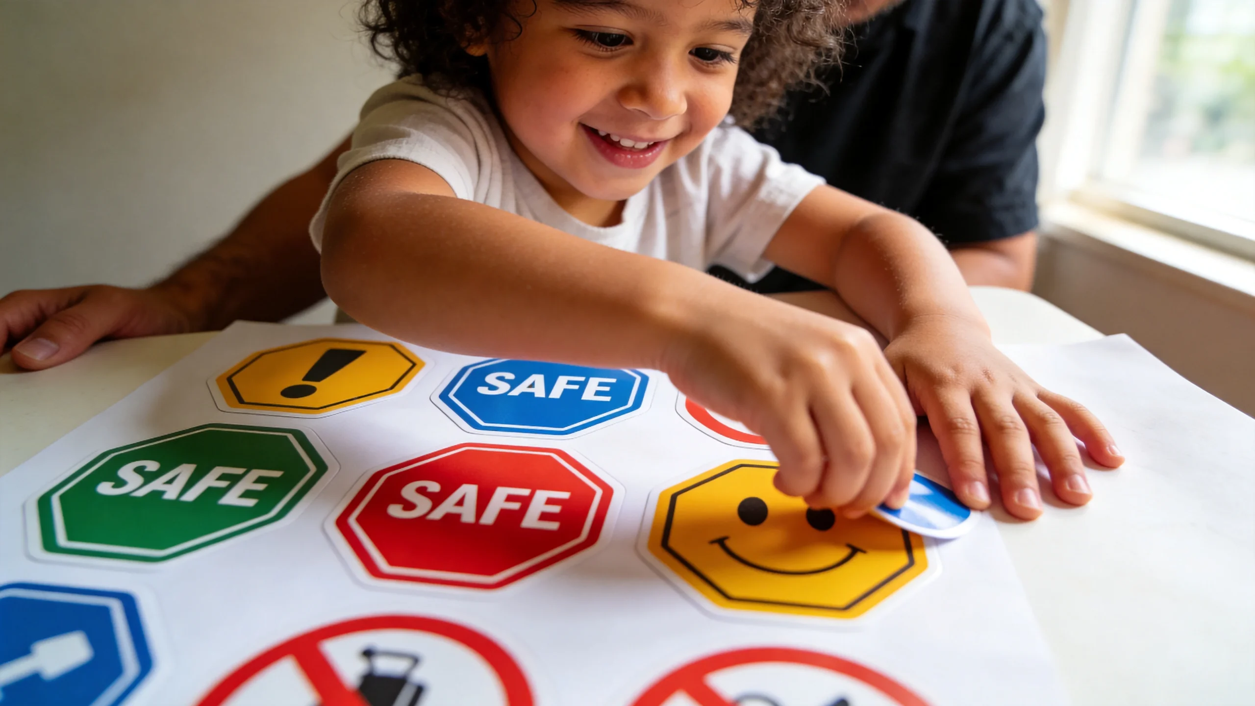 Child placing colorful safe stickers on paper