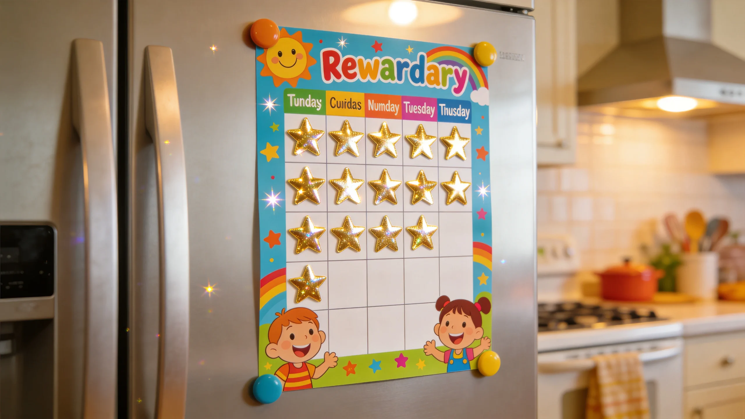 Childrens reward chart filled with gold star stickers