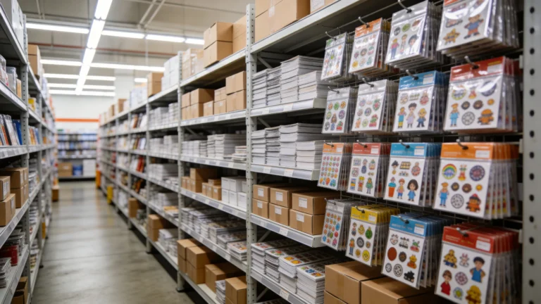 Stacks of wholesale sticker packs and shipping boxes