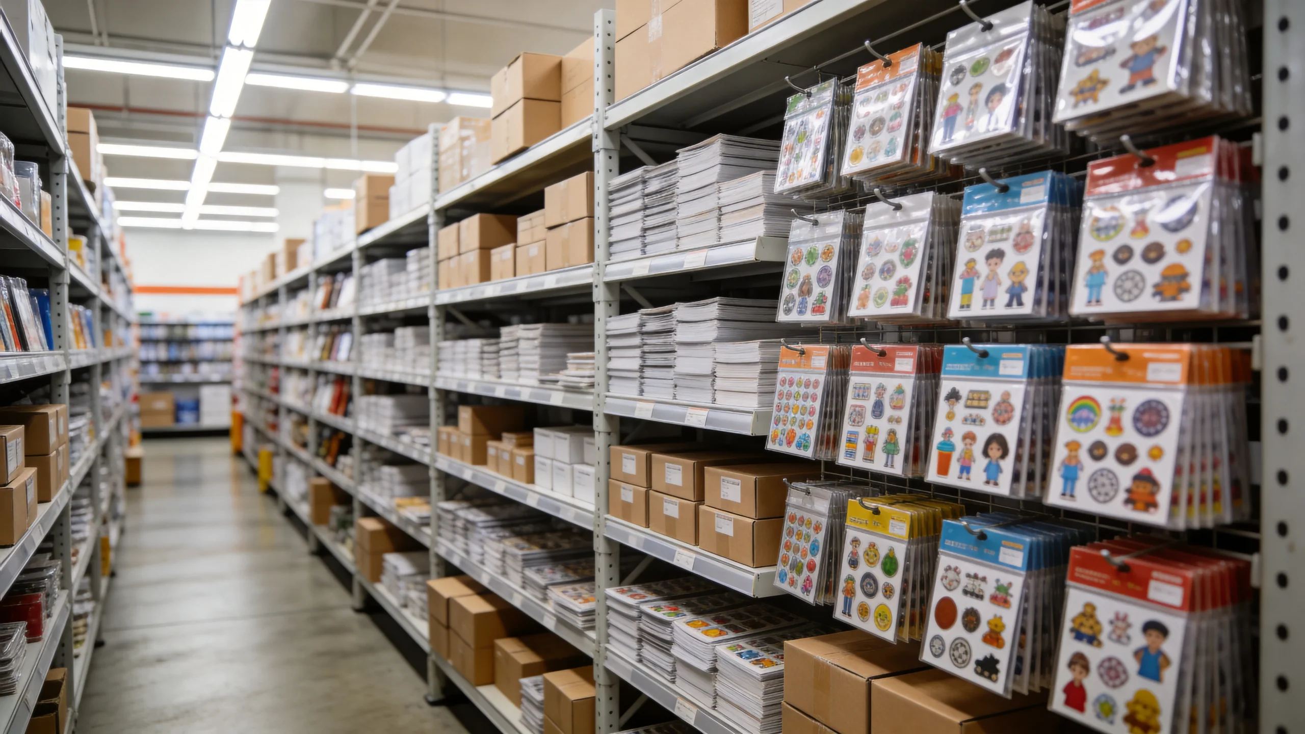 Stacks of wholesale sticker packs and shipping boxes