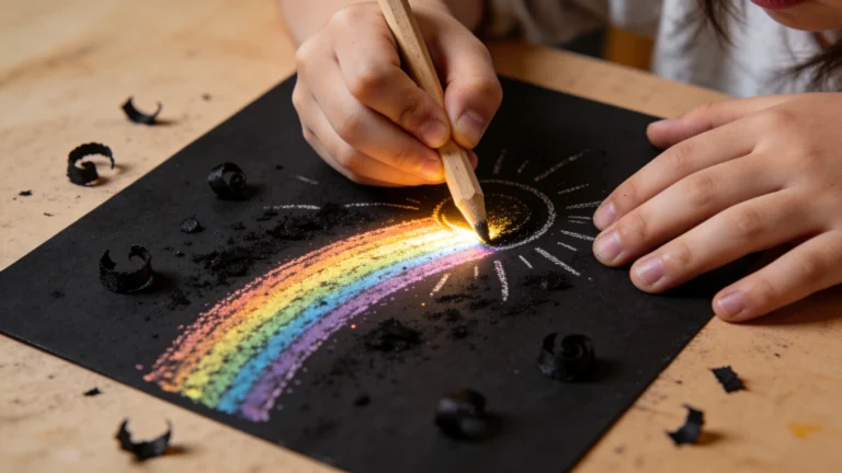 Child scratching black scratch art paper to reveal rainbow colors