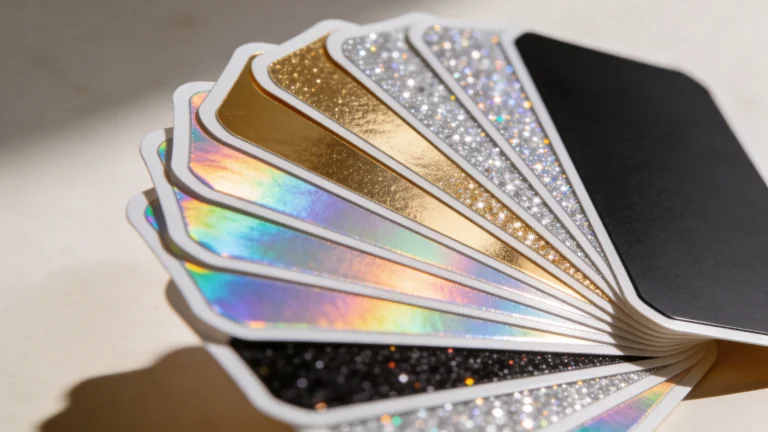 Fan of stickers showing holographic foil glitter and matte finishes