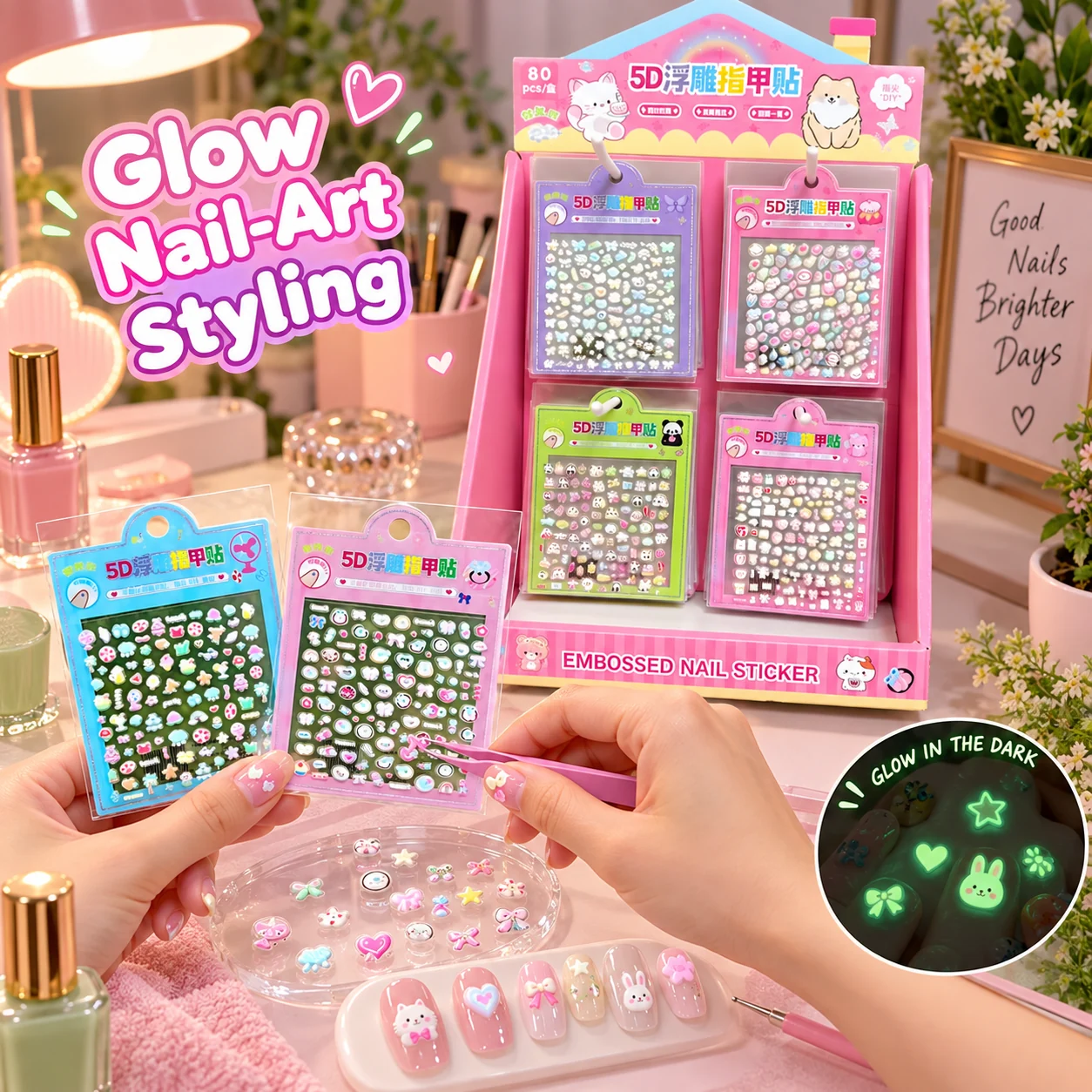 JP-J Glow-in-the-Dark 5D Relief Nail Stickers
