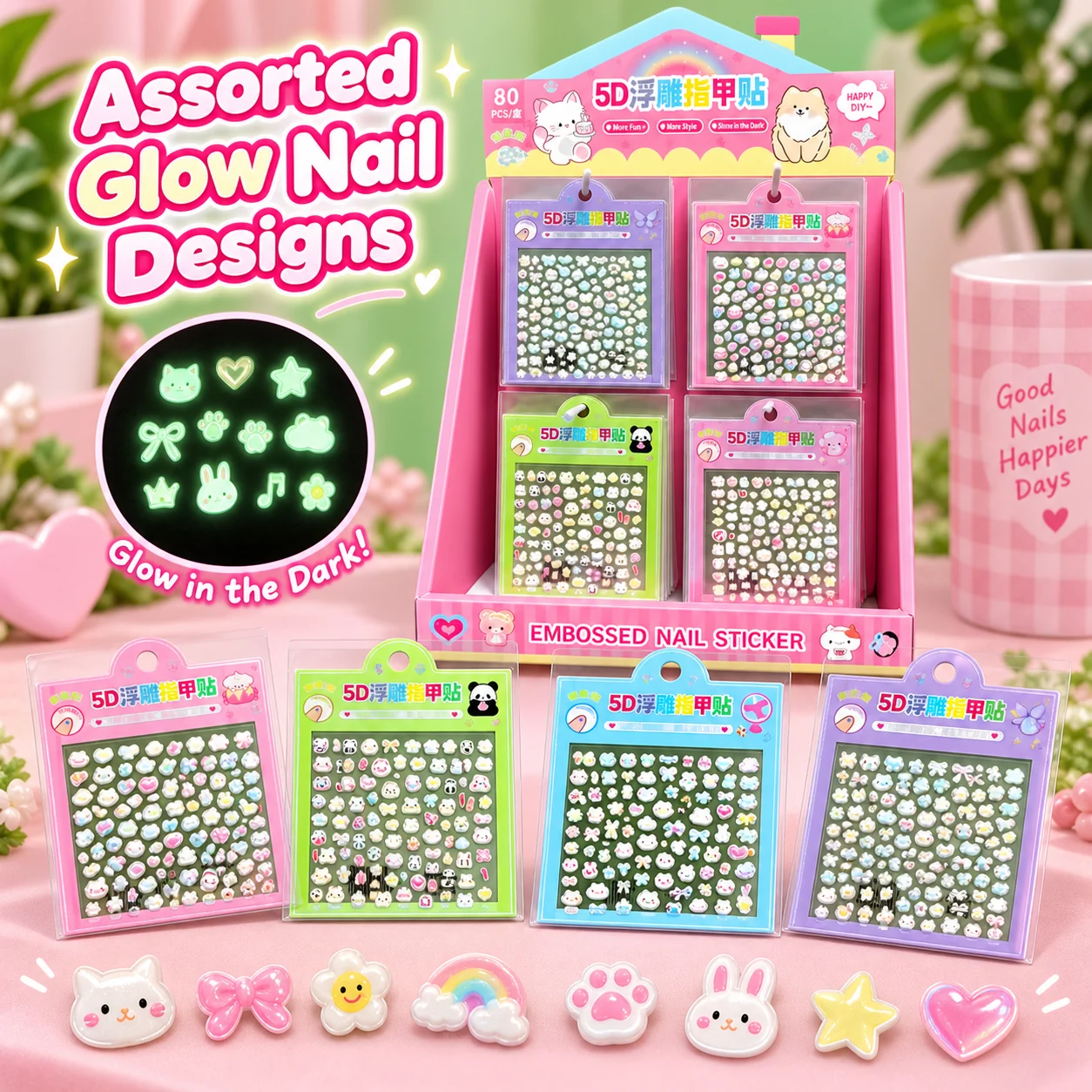 JP-J Glow-in-the-Dark 5D Relief Nail Stickers