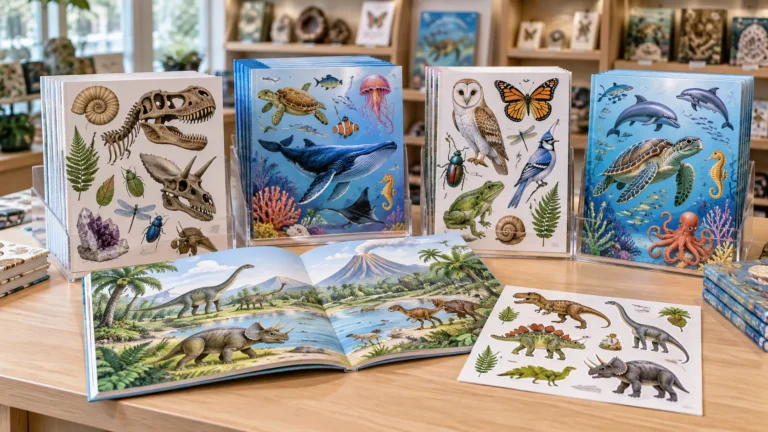 Sticker books for museum gift shops with natural history science and marine life themes