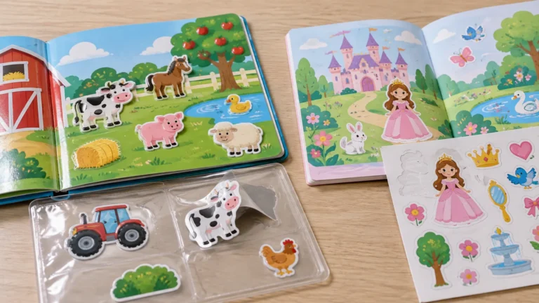 Reusable vs single use sticker books showing storage sheets and adhesive activity pages