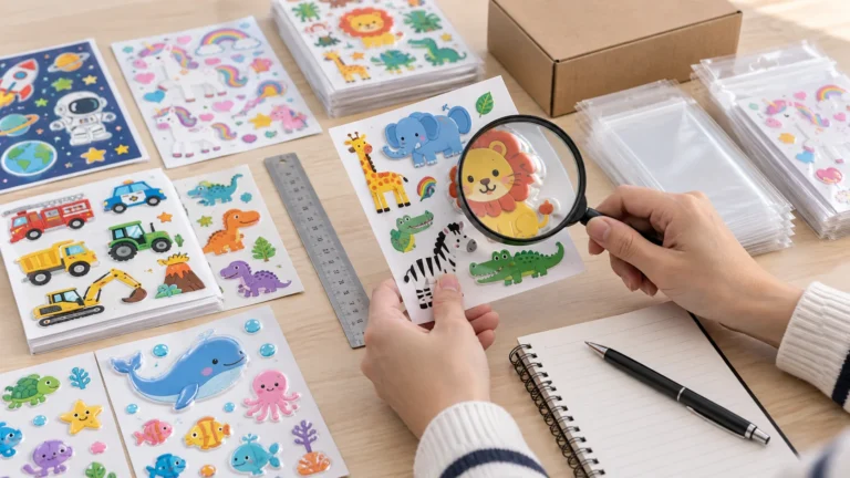 Kids sticker sample checklist inspection of printed sheets puffy cards and retail packaging
